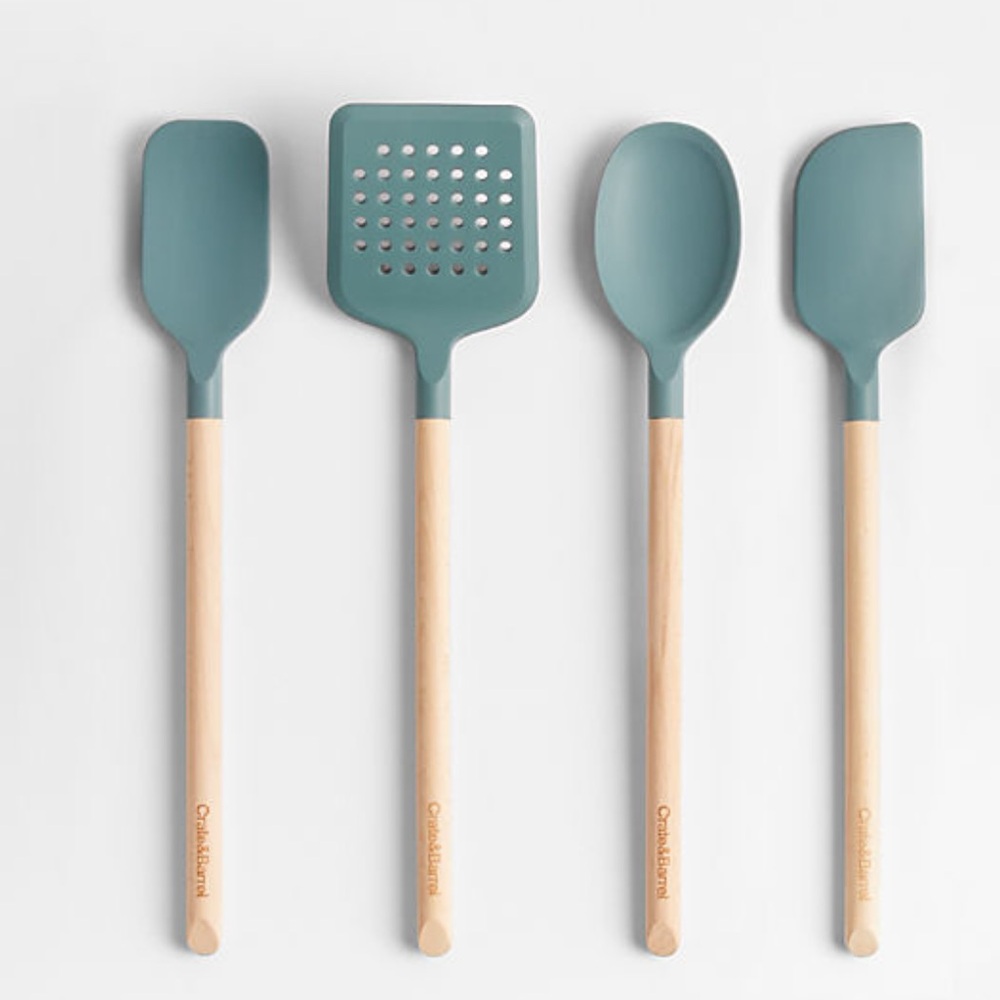 New! Crate&Barrel Blue Silicone Utensil Set with Wooden Handles, Set of 4